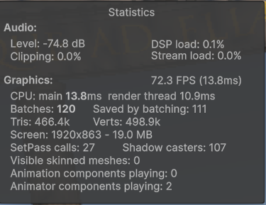 Unity Stats panel, Multi-pass mode, 72 FPS