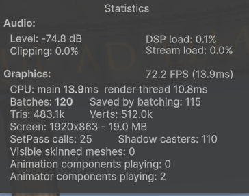 Unity Stats panel, Multi-pass mode, 72 FPS