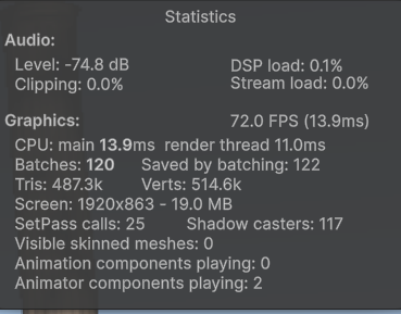 Unity Stats panel, Multi-pass mode, 72 FPS