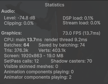 Unity Stats panel, Single-pass mode, 72 FPS