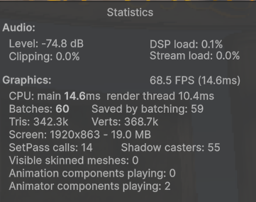 Unity Stats panel, Single-pass mode, 72 FPS