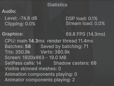 Unity Stats panel, Single-pass mode, 72 FPS